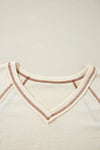 Beige Exposed Seam Crinkle Rib V Neck Pullover Top