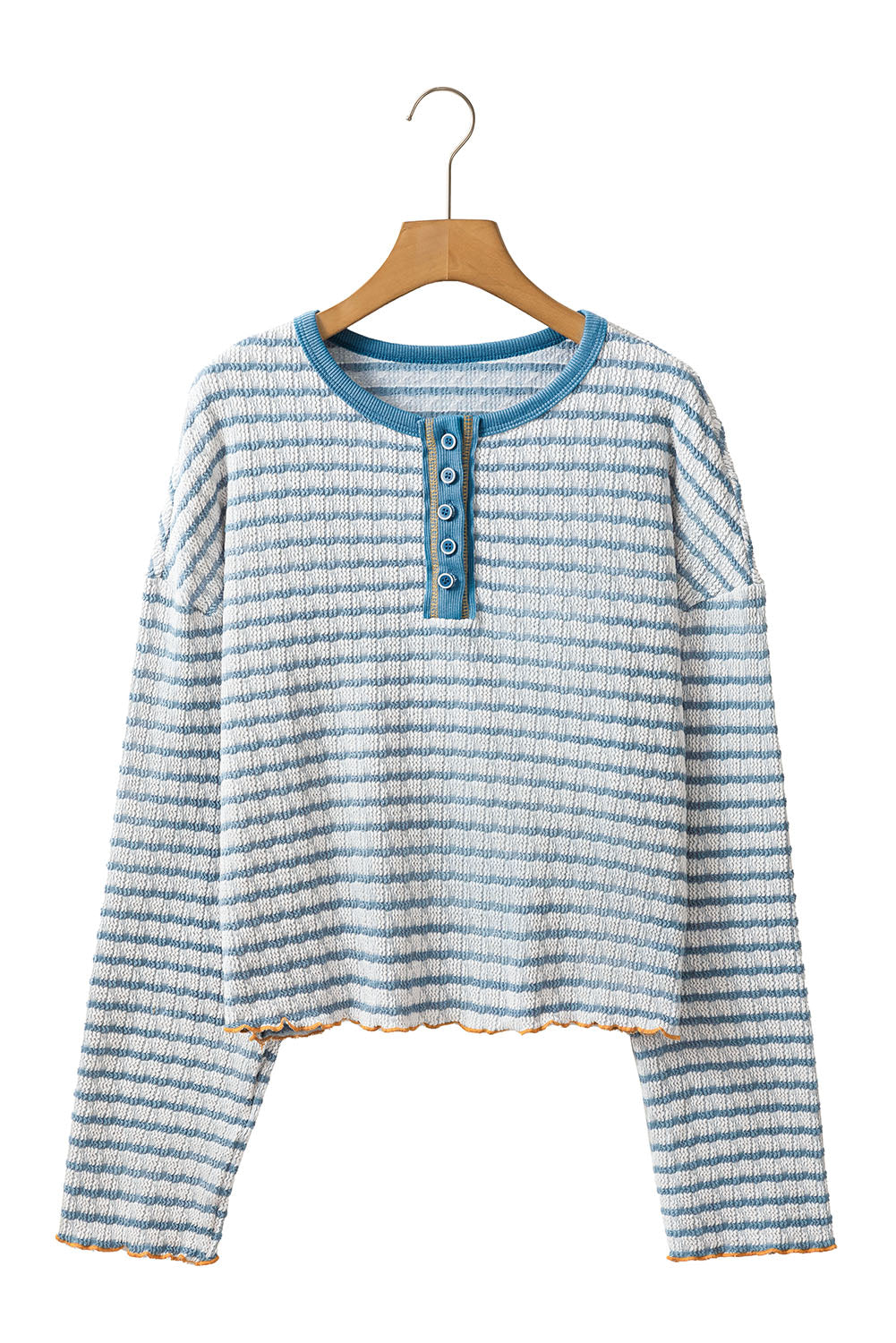 Sky Blue Stripe Textured Long Sleeve Henley Top