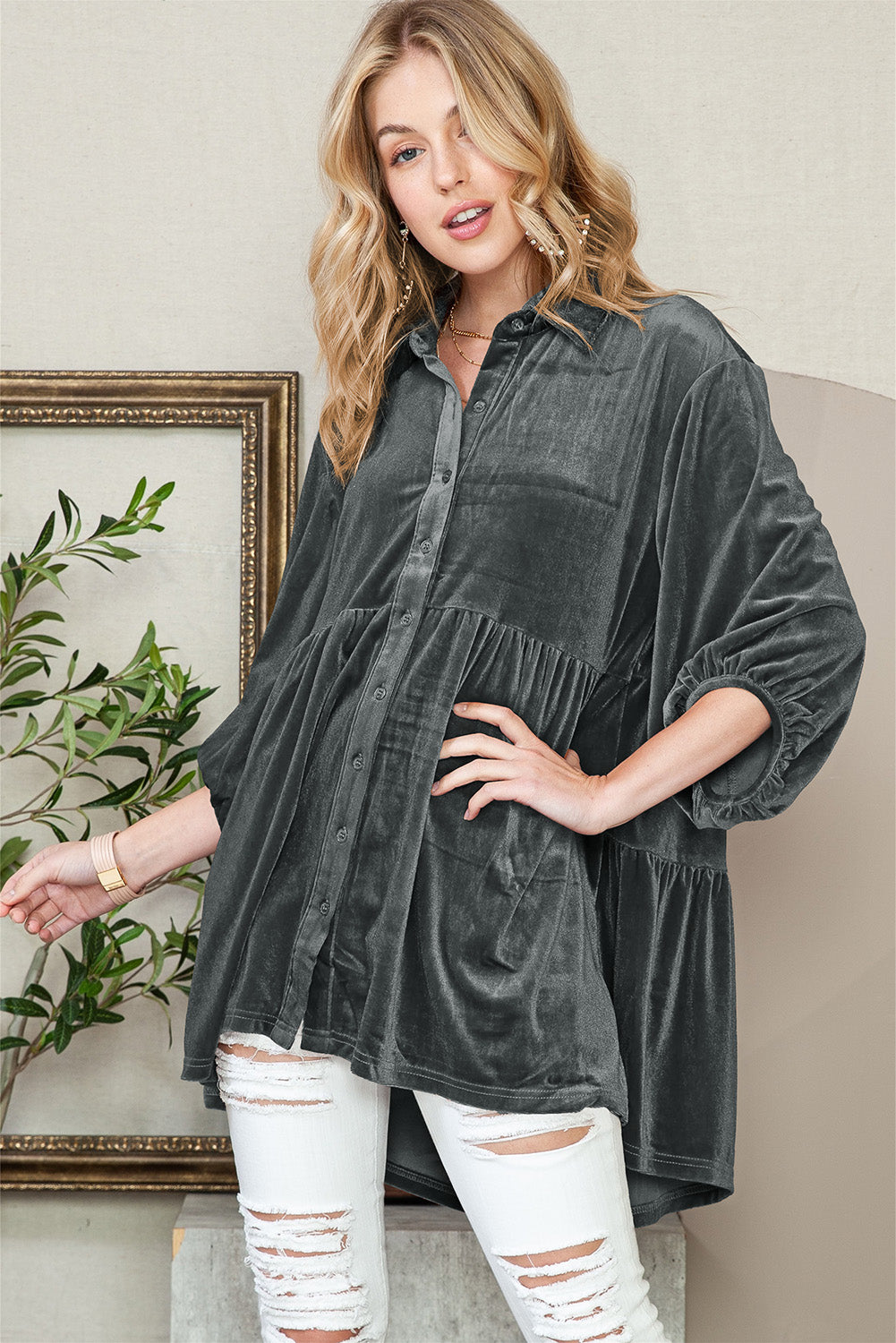 Dark Grey Lantern Sleeve Tunic Babydoll Velvet Shirt