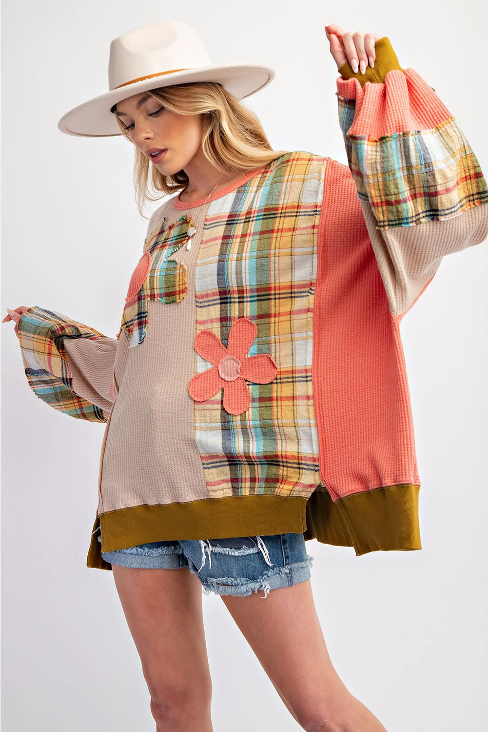 Multicolor Plaid Flower Patchwork Waffle Drop Shoulder Loose Top