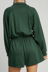 Blackish Green Solid Zip-up Drawstring Romper