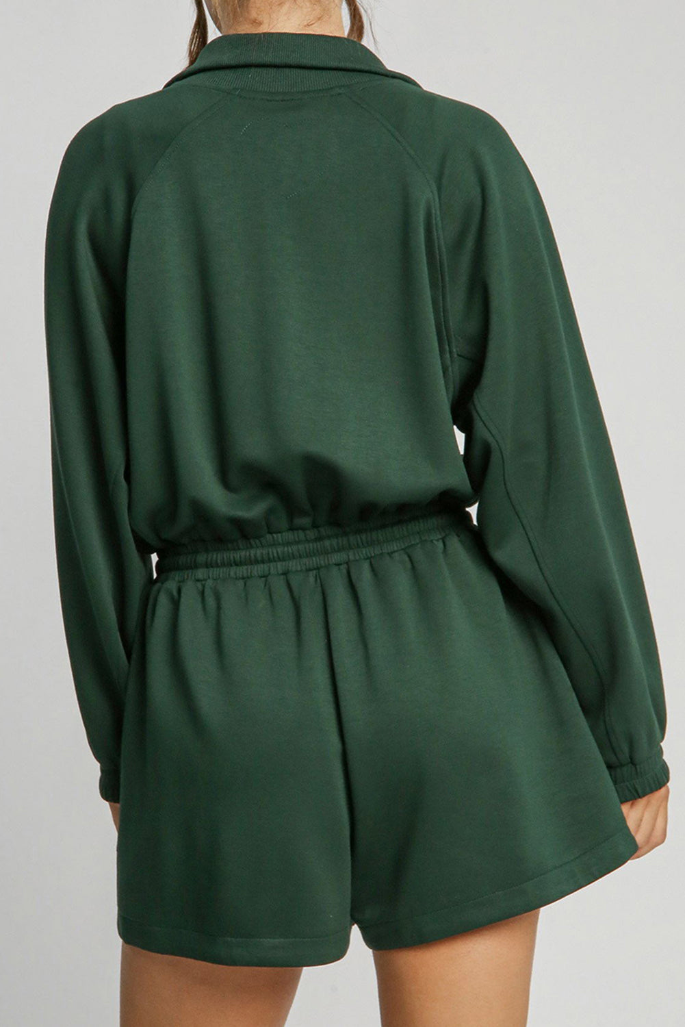 Blackish Green Solid Zip-up Drawstring Romper