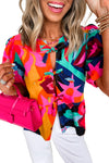 Red Abstract Print Tie Front Puff Sleeve Babydoll Blouse