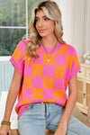 Light Beige Colorblock Checkered Knit Dolman Tee