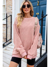 Pink Solid Ribbed Round Neck Pullover Sweatshirt