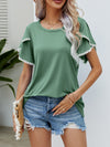 Pom-Pom Trim Flutter Sleeve Round Neck T-Shirt - Cocoa Yacht Club