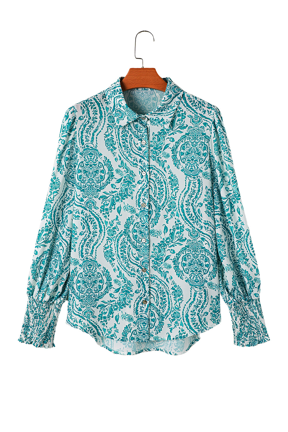 Green Paisley Print Smocked Cuffs Buttoned Loose Shirt