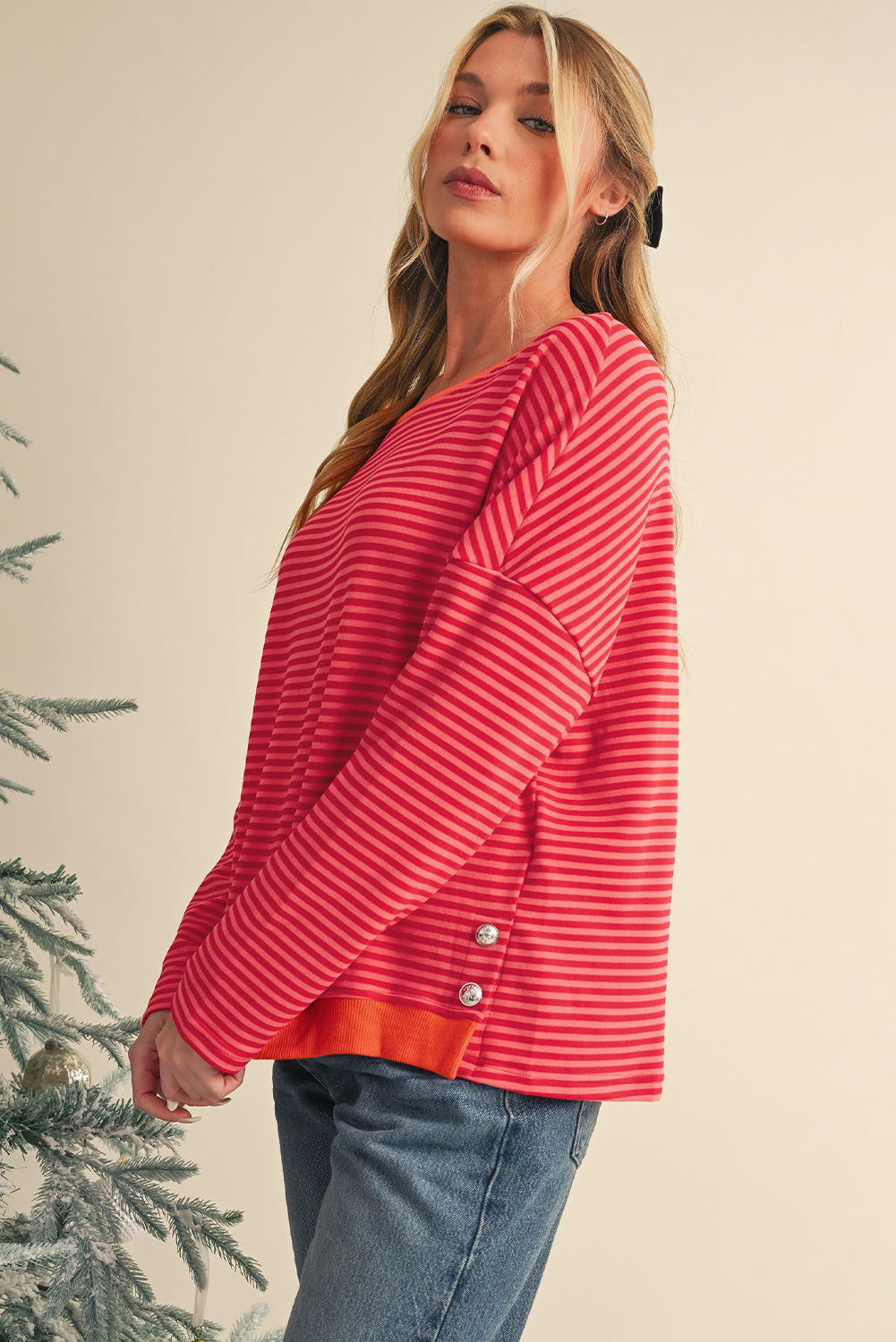 Tomato Red Two Tone Striped Side Buttons Drop Shoulder Top