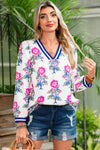 White Floral Print Pop of Color V-neck Long Sleeve Blouse