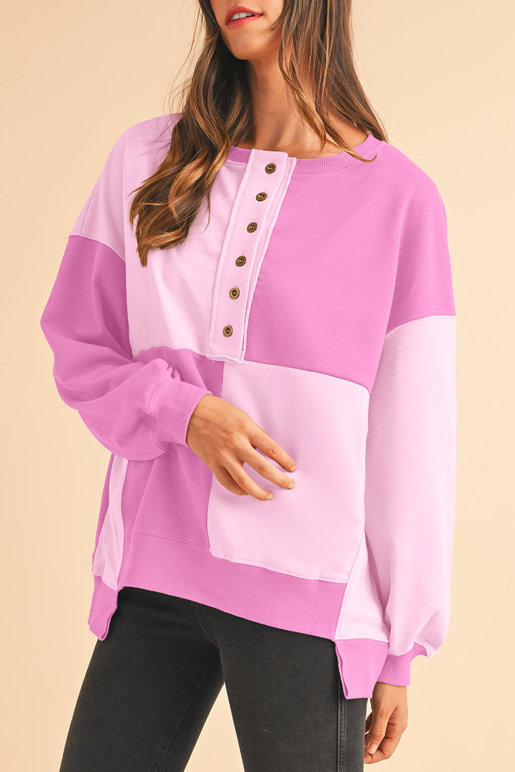 Parchment Colorblock Henley High Low Loose Sweatshirt