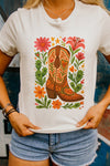 White Floral Boots Printed Casual Cotton Blend T Shirt