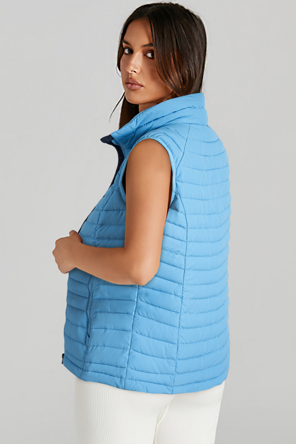 Sky Blue Plush Collared Quilted Zipped Puffer Vest