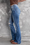 Dark Blue Ripped Raw Hem High Waist Flare Jeans - Cocoa Yacht Club