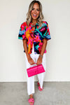 Red Abstract Print Tie Front Puff Sleeve Babydoll Blouse