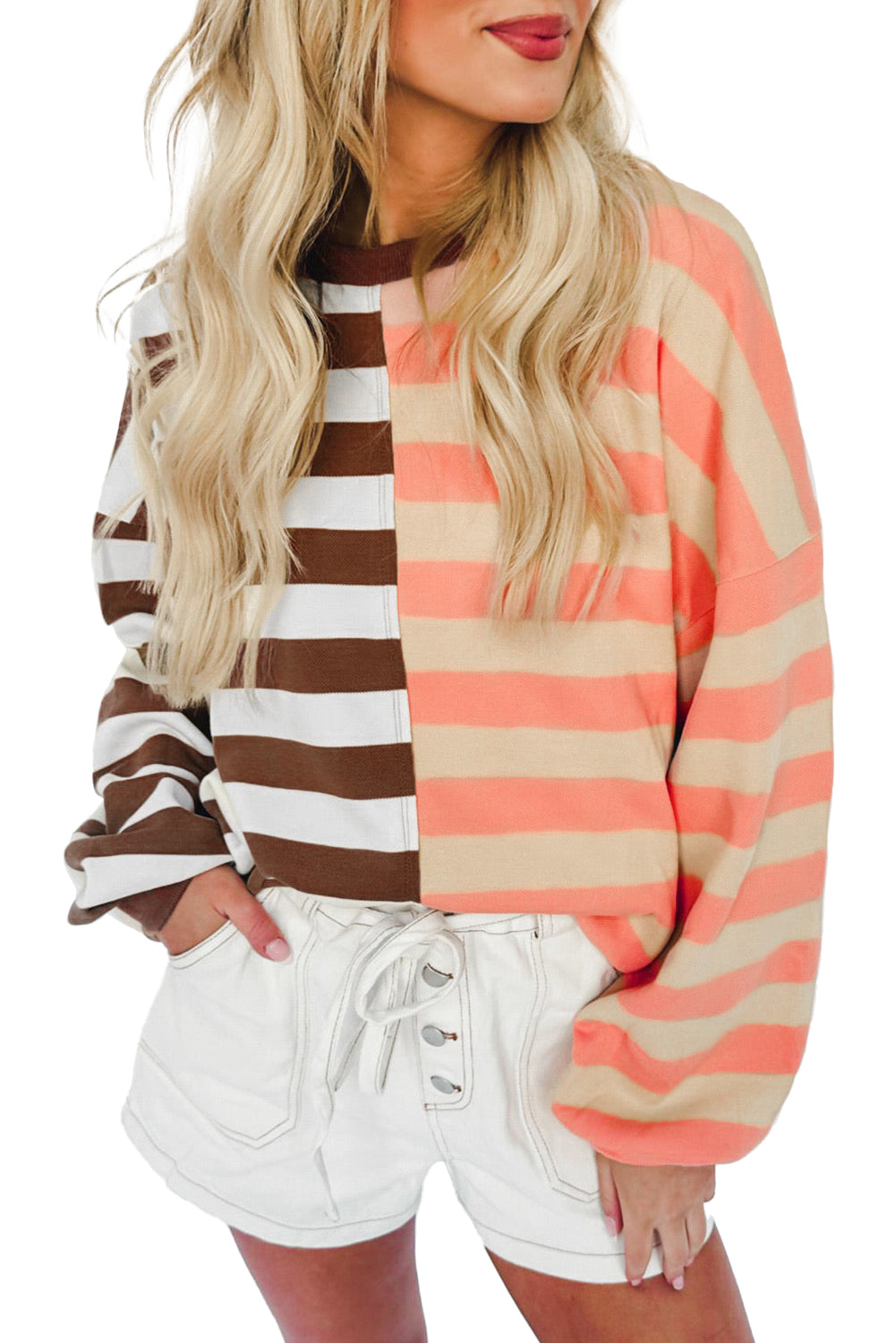 Brown Stripe Color Block Drop Shoulder Pullover Sweatshirt