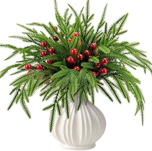 45 Pcs Christmas Artificial Pine Branches with Red Berry Stems, 10.5"