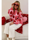 Pink Plus Size Heart Colorblock Mock Neck Lantern Sleeve Sweater