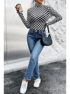 Black Checkered Print Long Sleeve Mock Neck Bodysuit