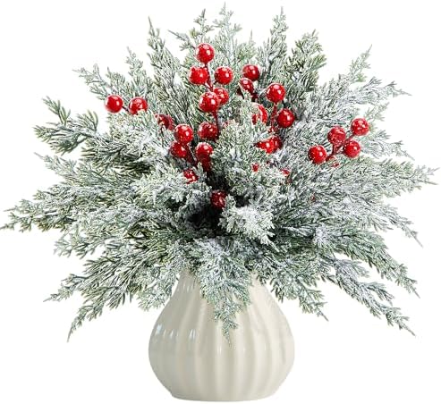 45 Pcs Christmas Artificial Pine Branches with Red Berry Stems, 10.5"