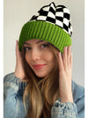 Spinach Green Checkered Color Block Unisex Winter Beanie Hat