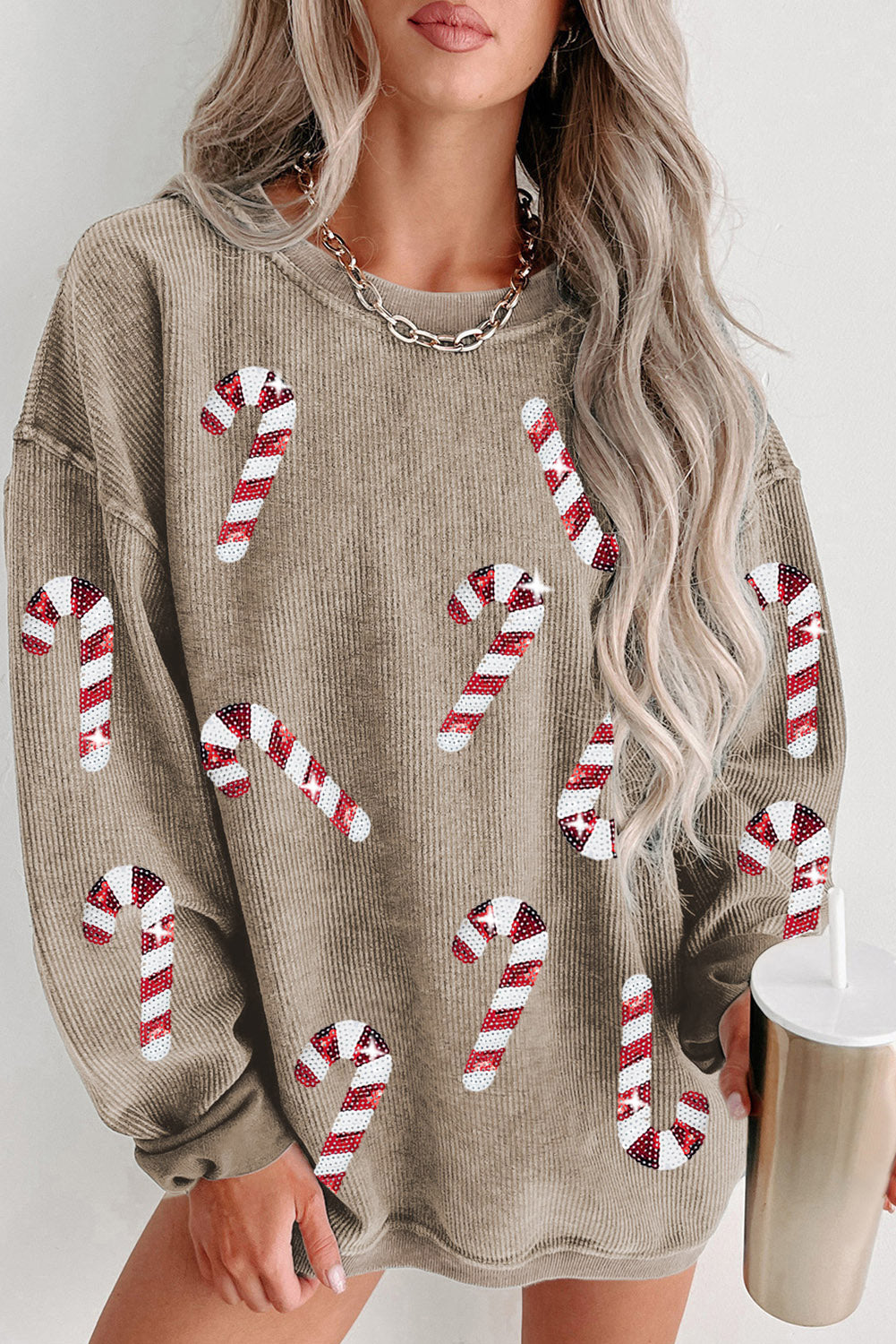 Pink Xmas Candy Cane Shining Graphic Corded Sweatshirt