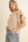 Beige Solid Color Textured Ruffle Short Sleeve Knit Top