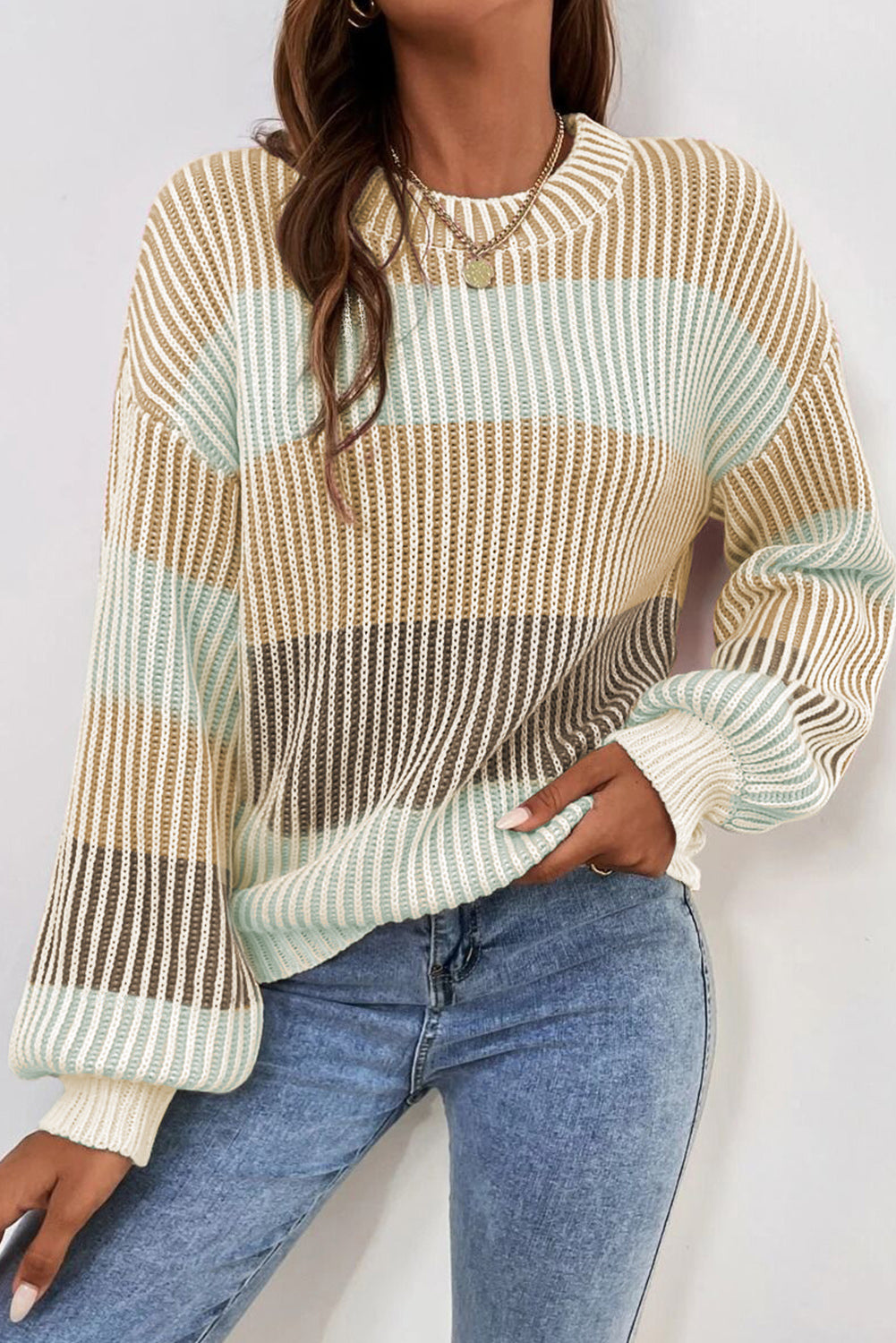 Multicolour Colorblock Lantern Sleeve Knitted Sweater