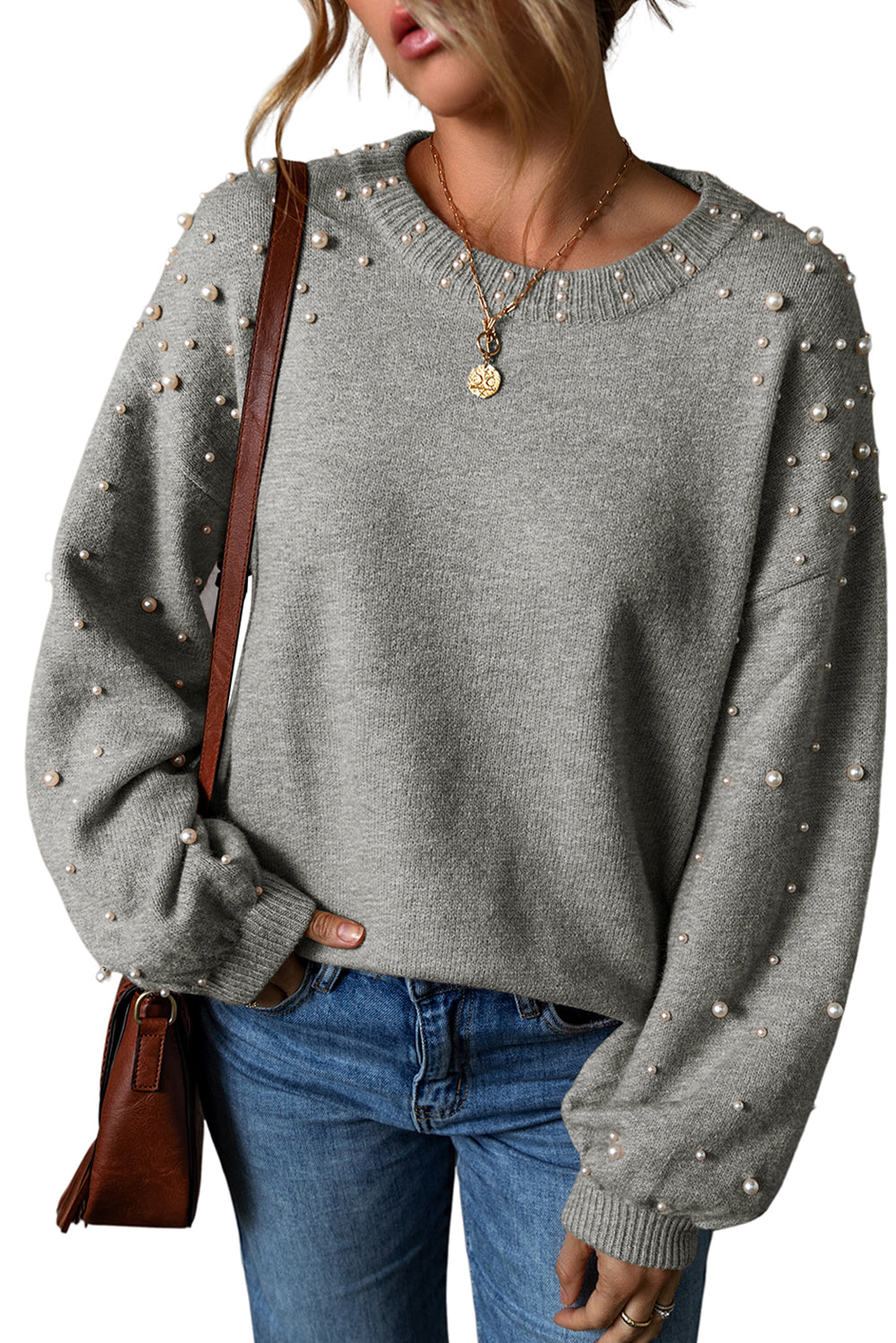 Light Grey Pearl Drop Shoulder Round Neck Sweater