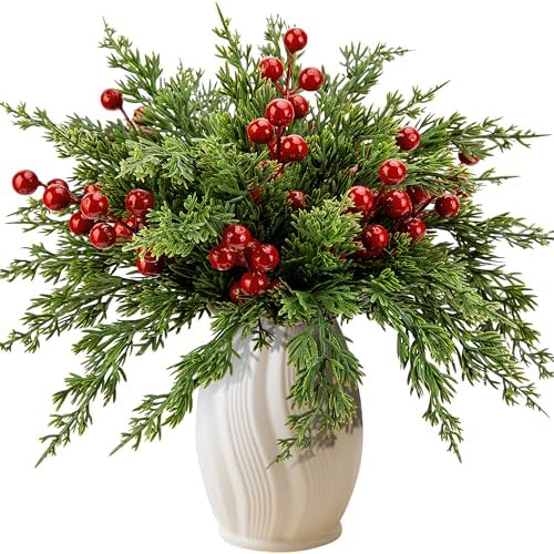 45 Pcs Christmas Artificial Pine Branches with Red Berry Stems, 10.5"