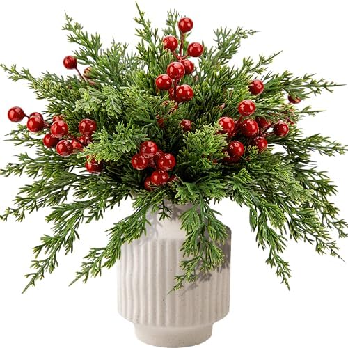 45 Pcs Christmas Artificial Pine Branches with Red Berry Stems, 10.5"