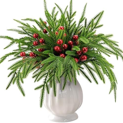 45 Pcs Christmas Artificial Pine Branches with Red Berry Stems, 10.5"