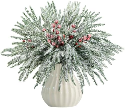 45 Pcs Christmas Artificial Pine Branches with Red Berry Stems, 10.5"