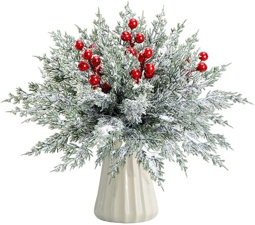 45 Pcs Christmas Artificial Pine Branches with Red Berry Stems, 10.5"
