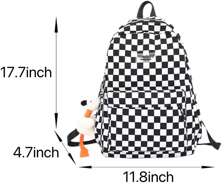 Aesthetic Checkered Backpack with Kawaii Pendant