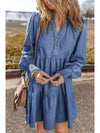 Dusk Blue Smocked Cuff Buttoned Tiered Denim Mini Dress