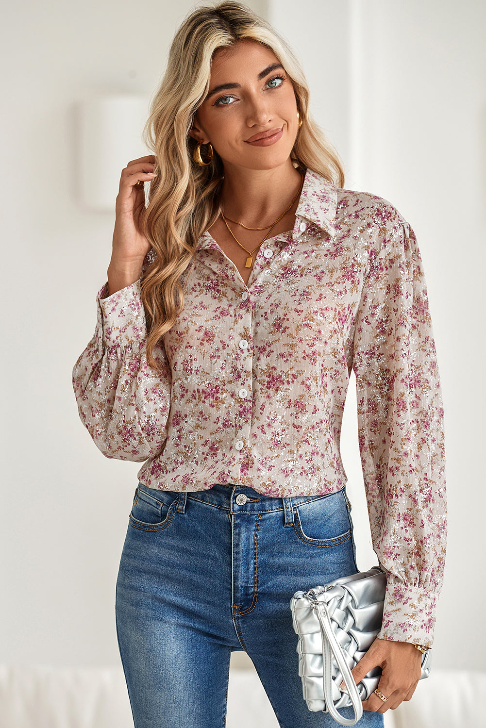 Pink Ditsy Floral Print Bishop Sleeve Collared V Neck Shirt