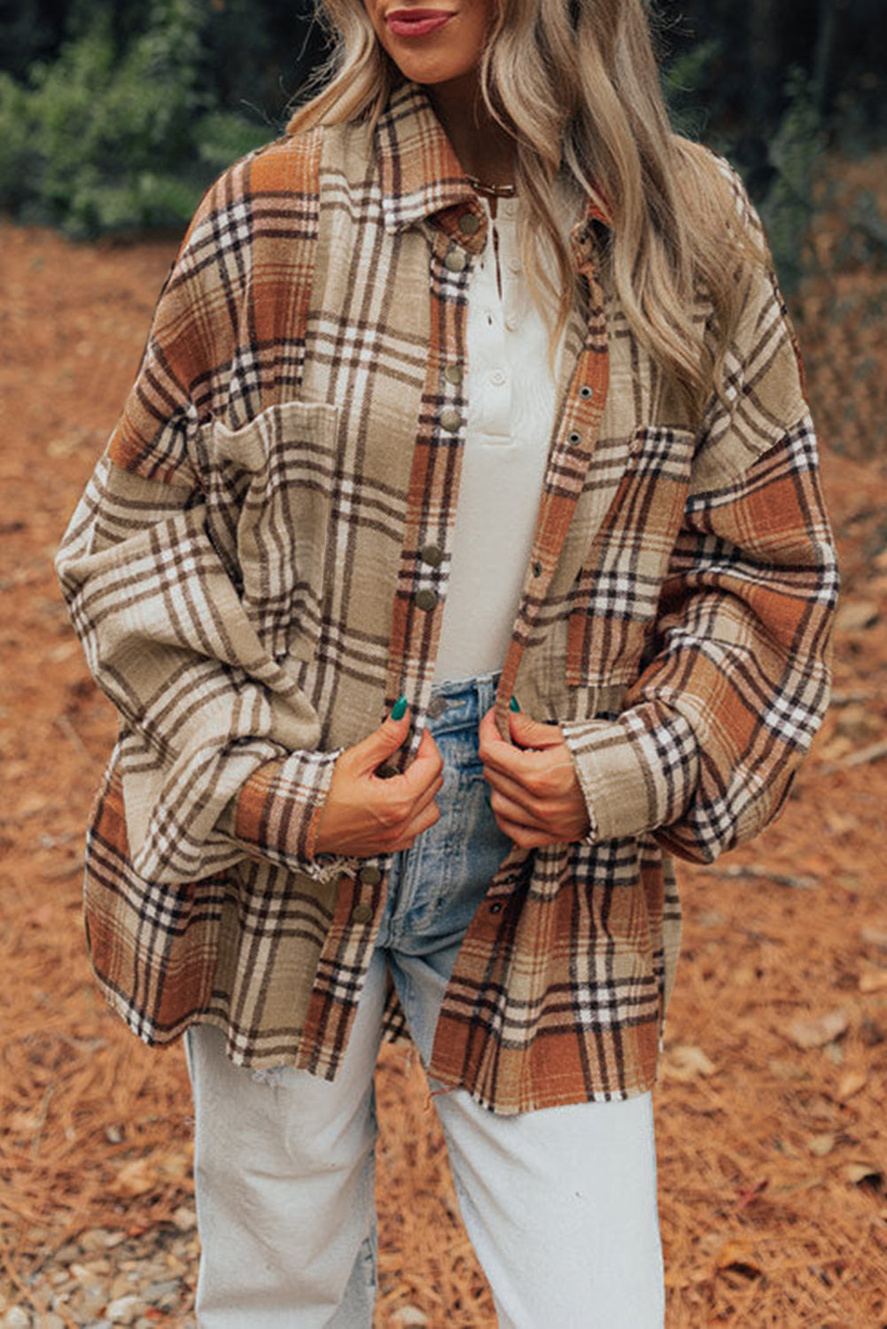 Khaki Plaid Pocket Colorblock High Low Shacket