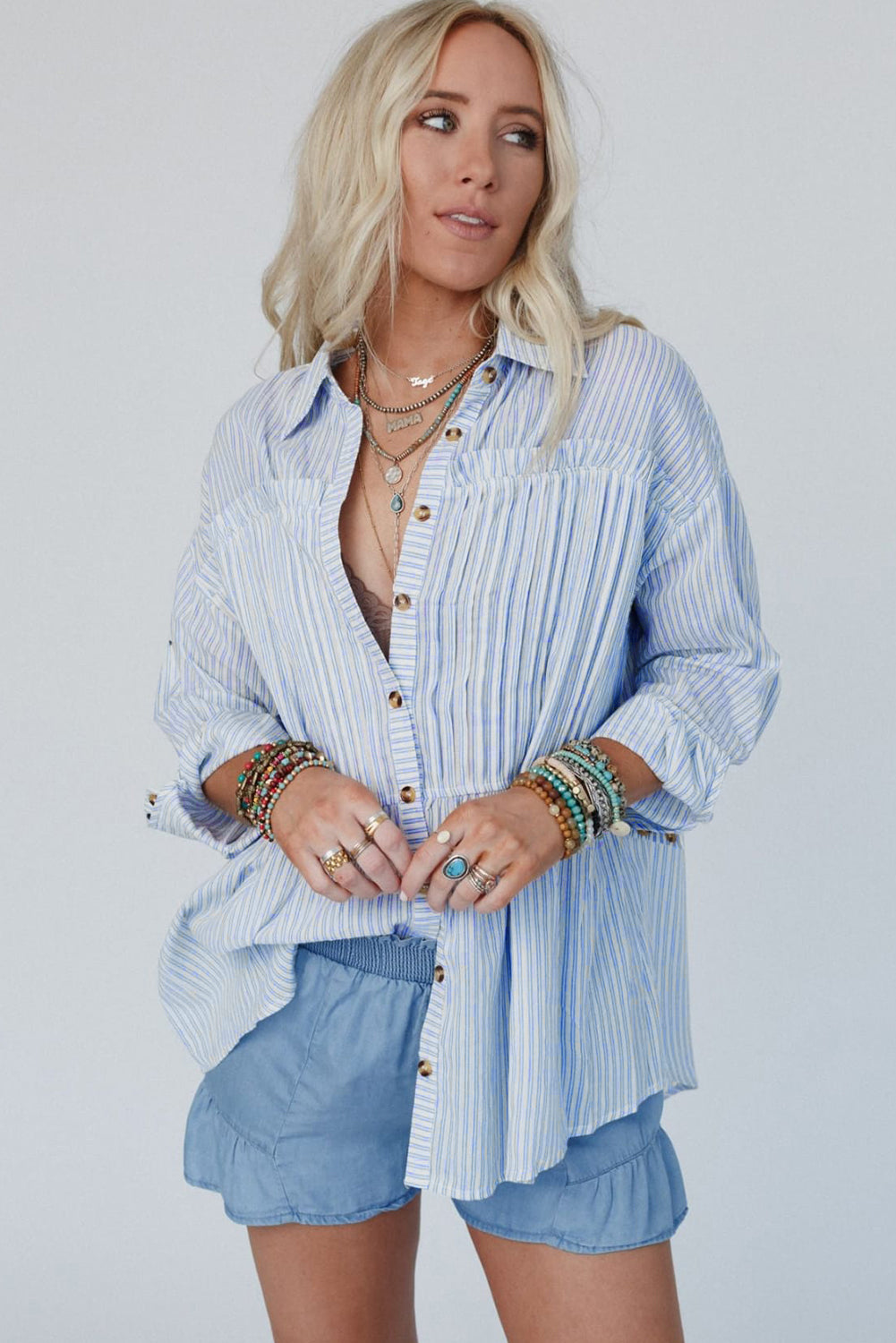 Sky Blue Striped Pleated Long Sleeve Peplum Shirt