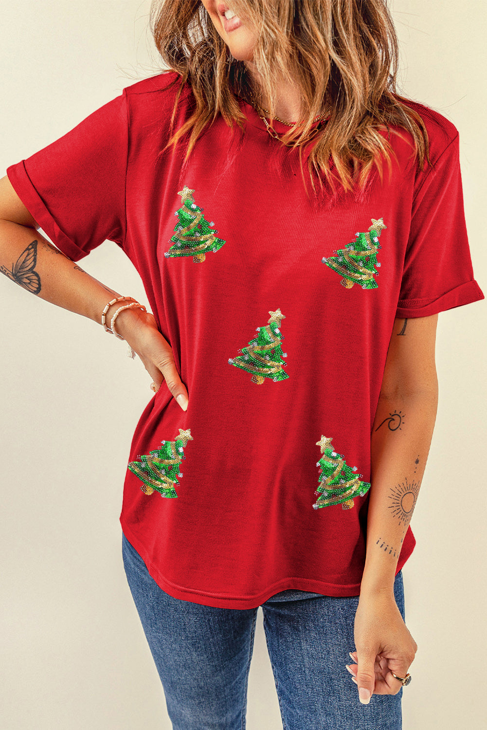 Red Sequin Christmas Tree Graphic Crewneck T Shirt