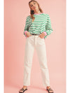 Bright Green Striped Contrast Trim Long Sleeve Top