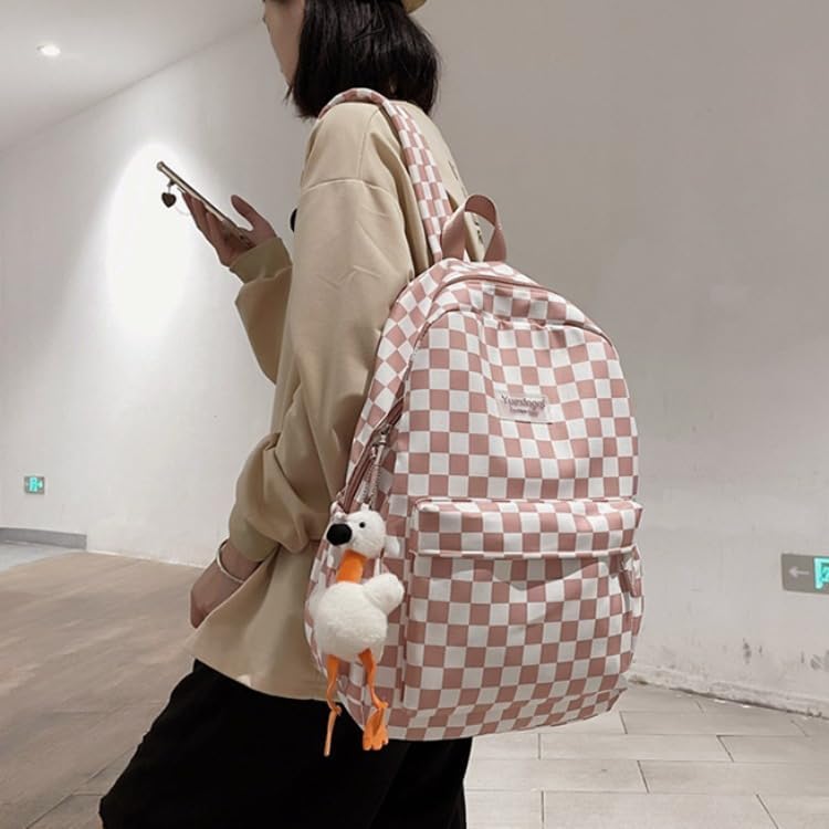 Aesthetic Checkered Backpack with Kawaii Pendant