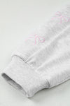 Light Grey Bow Embroidery Long Sleeve Pullover and High Waist Shorts Set