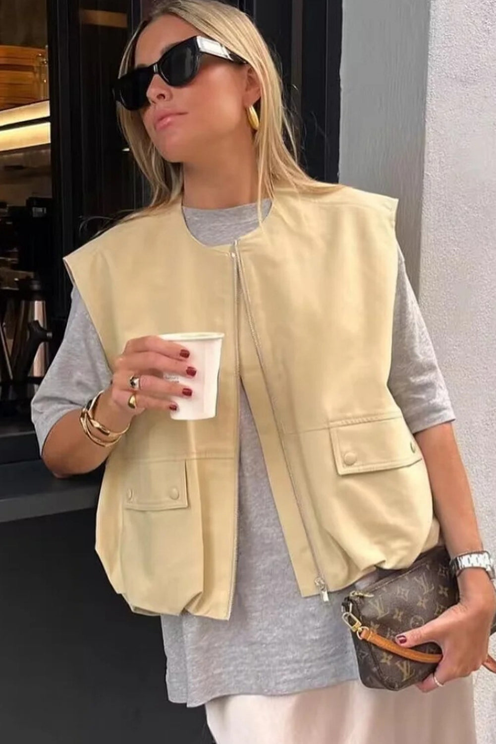 Khaki Loose Casual Pocket Round Neck Zip-Up Vest