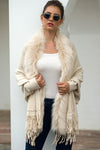 Apricot Fur Collar Fringe Hem Poncho