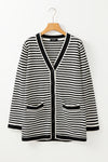 Black Striped Pocketed Button Long Cardigan