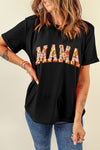 Black Flower Printed MAMA Letter Graphic T Shirt