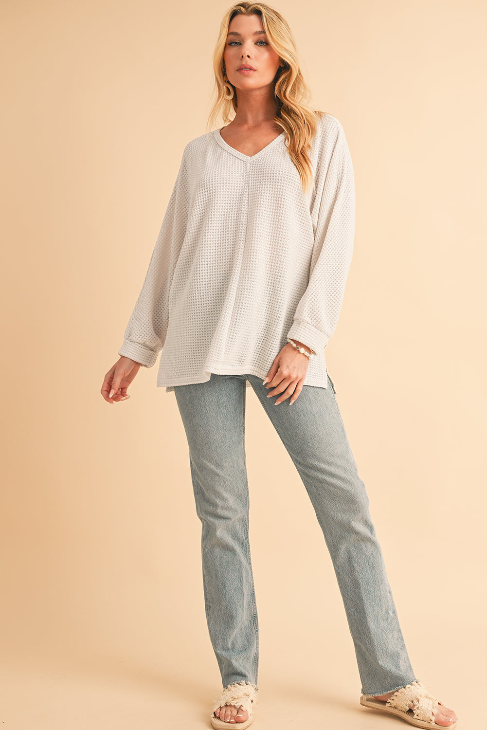 White Waffle Knit Side Slits Loose Fit V Neck Top