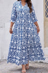 Sky Blue Geometric Print Notch Neck Plus Size Maxi Dress