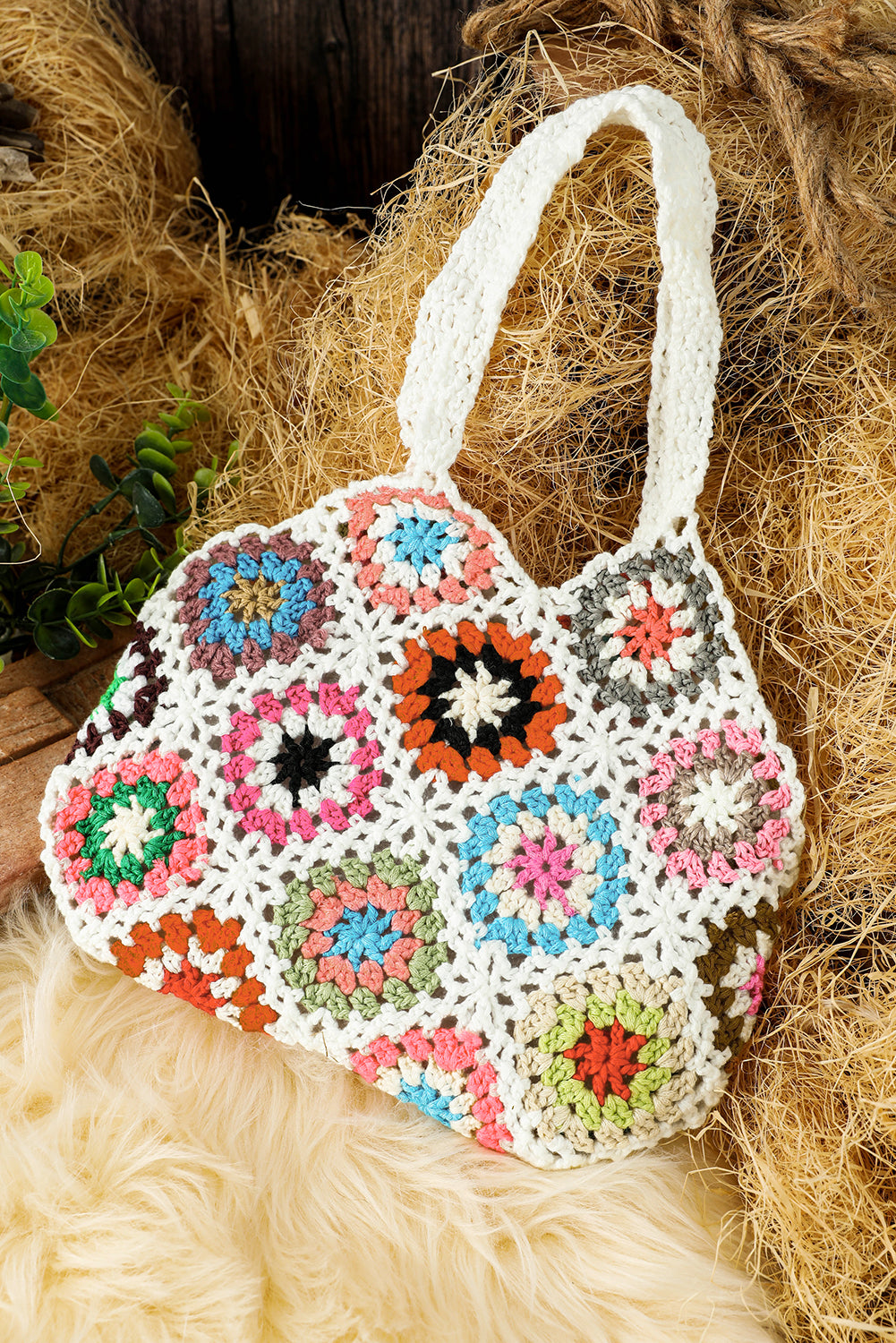 White Boho Floral Crochet Retro Hollowed Tote Bag