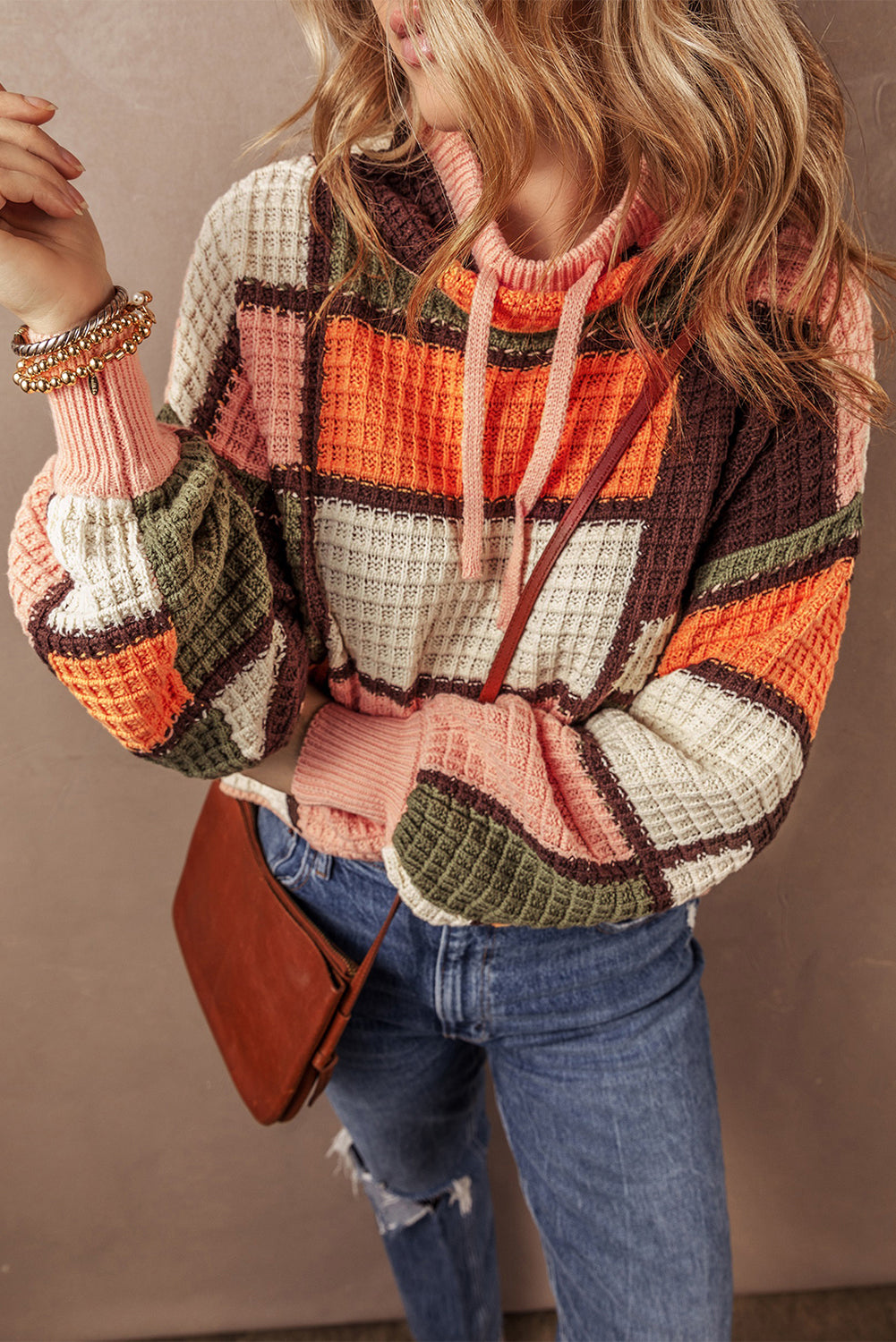 Sweaters Orange Color Block Waffle Knit Drawstring Mock Neck Sweater.